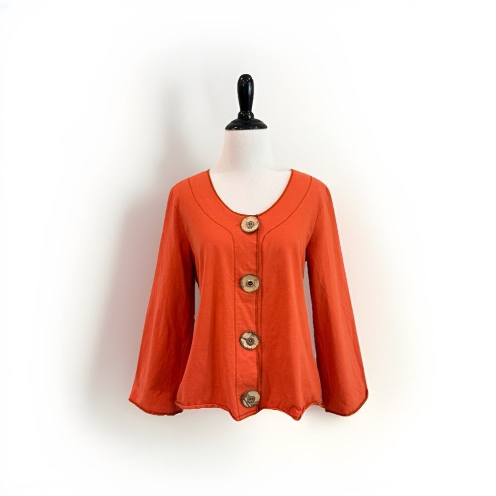 Neon Buddha Top Size Small Orange Knit Lagenlook Artsy Art to Wear Fall Autumn